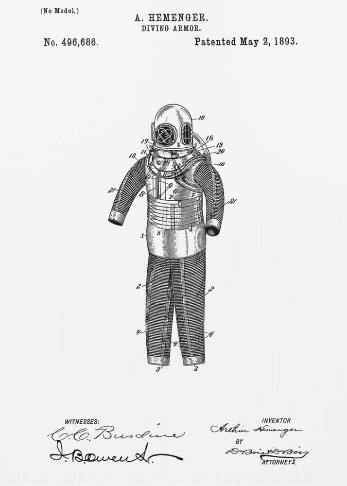 A framed black and white patent illustration for A. Hemenger's 'Diving Armor,' dated May 2, 1893, showing a detailed technical drawing of a vintage deep-sea diving suit. Artwork
