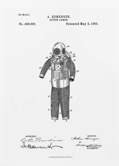 A framed black and white patent illustration for A. Hemenger's 'Diving Armor,' dated May 2, 1893, showing a detailed technical drawing of a vintage deep-sea diving suit. Artwork