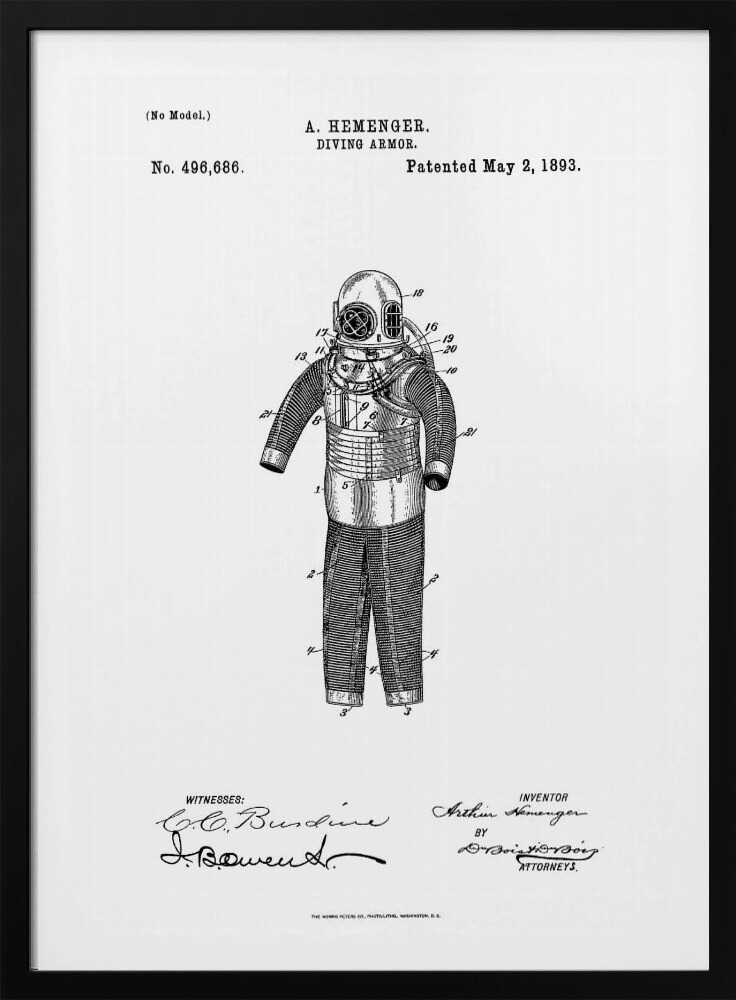 A framed black and white patent illustration for A. Hemenger's 'Diving Armor,' dated May 2, 1893, showing a detailed technical drawing of a vintage deep-sea diving suit. Artwork