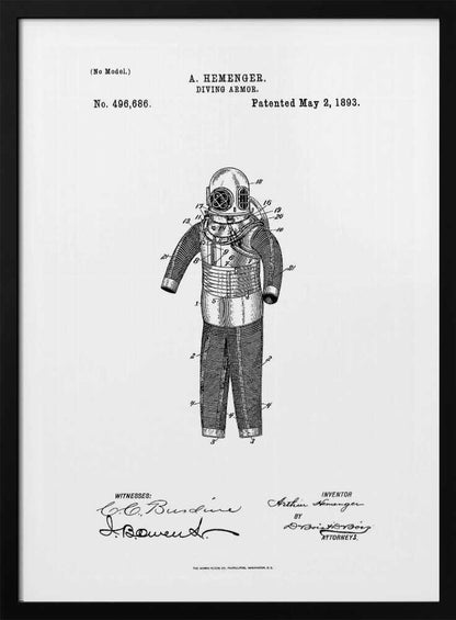 A framed black and white patent illustration for A. Hemenger's 'Diving Armor,' dated May 2, 1893, showing a detailed technical drawing of a vintage deep-sea diving suit. Artwork