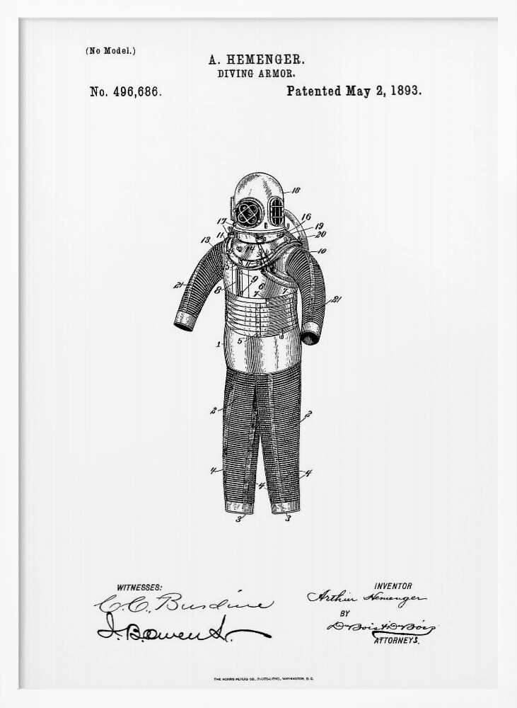 A framed black and white patent illustration for A. Hemenger's 'Diving Armor,' dated May 2, 1893, showing a detailed technical drawing of a vintage deep-sea diving suit. Artwork