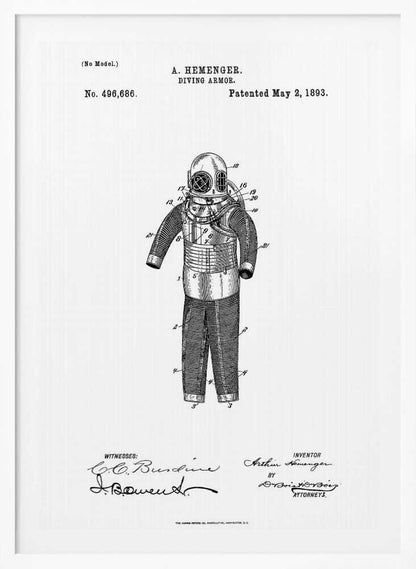 A framed black and white patent illustration for A. Hemenger's 'Diving Armor,' dated May 2, 1893, showing a detailed technical drawing of a vintage deep-sea diving suit. Artwork