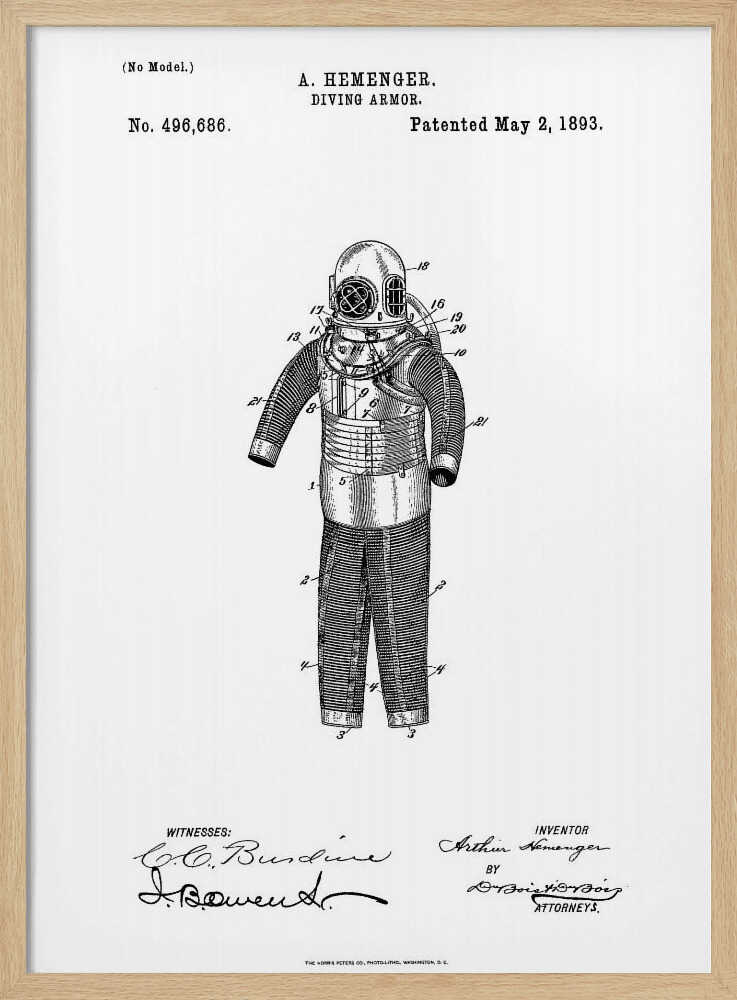 A framed black and white patent illustration for A. Hemenger's 'Diving Armor,' dated May 2, 1893, showing a detailed technical drawing of a vintage deep-sea diving suit. Artwork