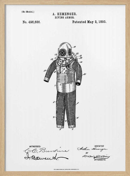 A framed black and white patent illustration for A. Hemenger's 'Diving Armor,' dated May 2, 1893, showing a detailed technical drawing of a vintage deep-sea diving suit. Artwork