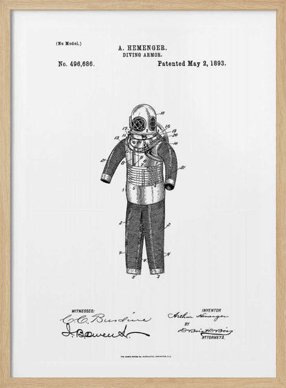 A framed black and white patent illustration for A. Hemenger's 'Diving Armor,' dated May 2, 1893, showing a detailed technical drawing of a vintage deep-sea diving suit. Artwork