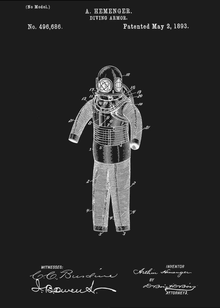 A framed vintage patent illustration for 'DIVING ARMOR' by A. Hemenger, patented May 2, 1893. The image shows a white line drawing of an antique diving suit on a solid black background, complete with technical numbers, inventor's name, and signatures. Artwork