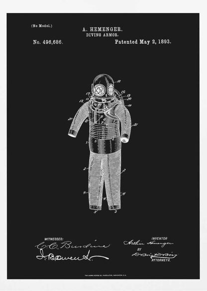 A framed vintage patent illustration for 'DIVING ARMOR' by A. Hemenger, patented May 2, 1893. The image shows a white line drawing of an antique diving suit on a solid black background, complete with technical numbers, inventor's name, and signatures. Artwork