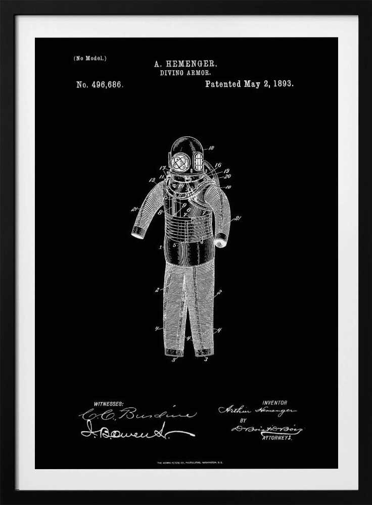 A framed vintage patent illustration for 'DIVING ARMOR' by A. Hemenger, patented May 2, 1893. The image shows a white line drawing of an antique diving suit on a solid black background, complete with technical numbers, inventor's name, and signatures. Artwork