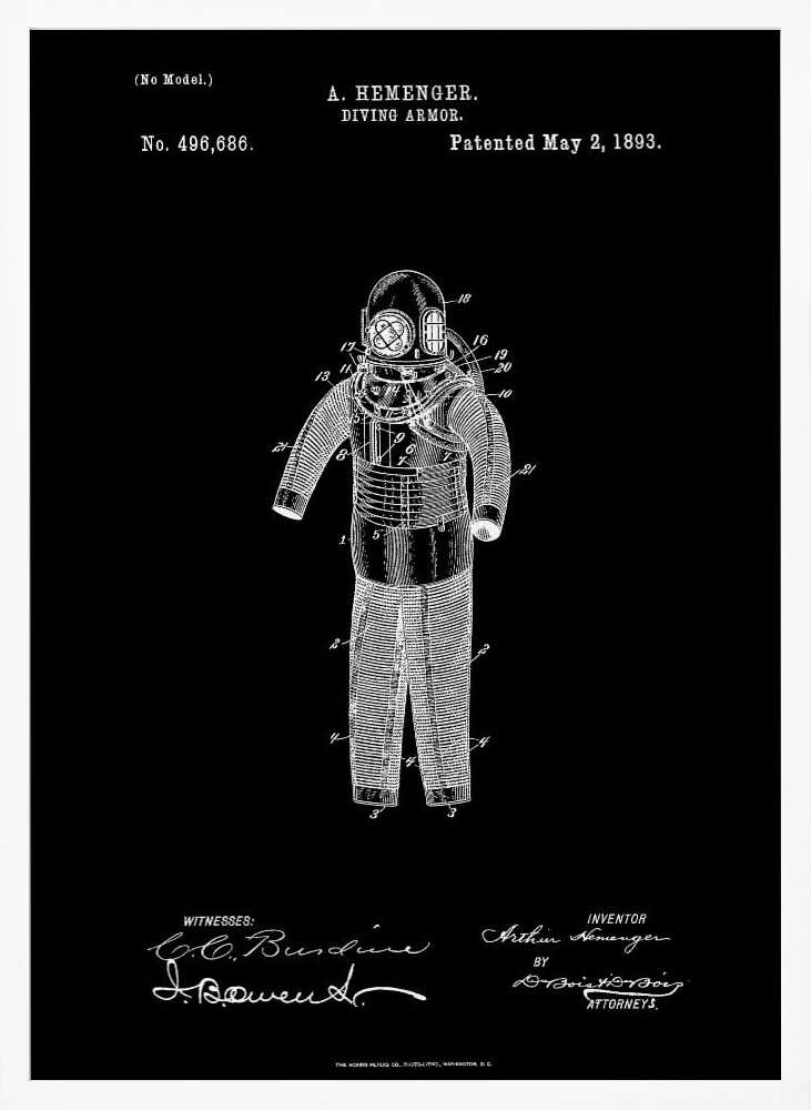 A framed vintage patent illustration for 'DIVING ARMOR' by A. Hemenger, patented May 2, 1893. The image shows a white line drawing of an antique diving suit on a solid black background, complete with technical numbers, inventor's name, and signatures. Artwork
