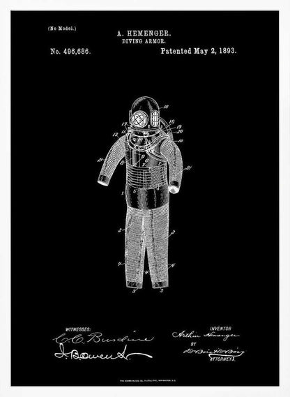A framed vintage patent illustration for 'DIVING ARMOR' by A. Hemenger, patented May 2, 1893. The image shows a white line drawing of an antique diving suit on a solid black background, complete with technical numbers, inventor's name, and signatures. Artwork