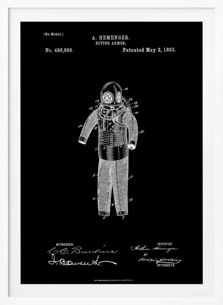 A framed vintage patent illustration for 'DIVING ARMOR' by A. Hemenger, patented May 2, 1893. The image shows a white line drawing of an antique diving suit on a solid black background, complete with technical numbers, inventor's name, and signatures. Artwork