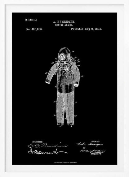 A framed vintage patent illustration for 'DIVING ARMOR' by A. Hemenger, patented May 2, 1893. The image shows a white line drawing of an antique diving suit on a solid black background, complete with technical numbers, inventor's name, and signatures. Artwork