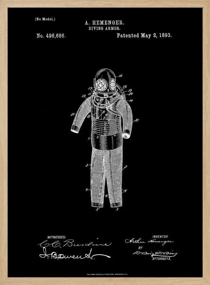 A framed vintage patent illustration for 'DIVING ARMOR' by A. Hemenger, patented May 2, 1893. The image shows a white line drawing of an antique diving suit on a solid black background, complete with technical numbers, inventor's name, and signatures. Artwork