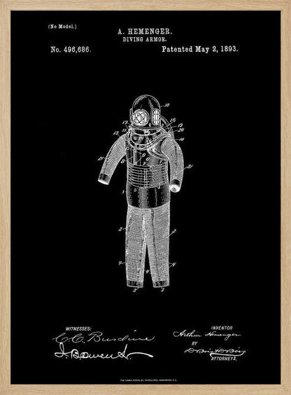A framed vintage patent illustration for 'DIVING ARMOR' by A. Hemenger, patented May 2, 1893. The image shows a white line drawing of an antique diving suit on a solid black background, complete with technical numbers, inventor's name, and signatures. Artwork