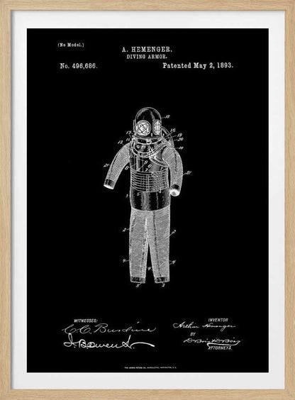 A framed vintage patent illustration for 'DIVING ARMOR' by A. Hemenger, patented May 2, 1893. The image shows a white line drawing of an antique diving suit on a solid black background, complete with technical numbers, inventor's name, and signatures. Artwork