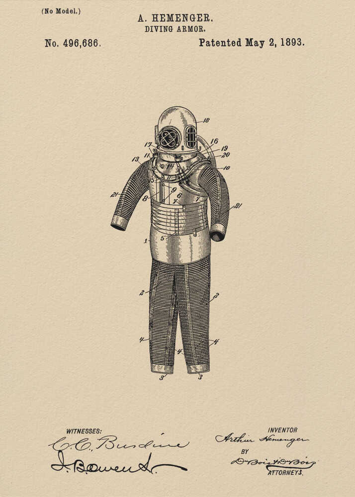 A framed vintage patent illustration for 'DIVING ARMOR' by A. Hemenger, dated May 2, 1893. The detailed black ink drawing of an old-fashioned diving suit is centered on beige, parchment-style paper, with official text and signatures below. Print