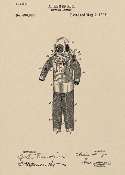 A framed vintage patent illustration for 'DIVING ARMOR' by A. Hemenger, dated May 2, 1893. The detailed black ink drawing of an old-fashioned diving suit is centered on beige, parchment-style paper, with official text and signatures below. Print