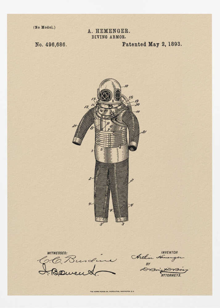 A framed vintage patent illustration for 'DIVING ARMOR' by A. Hemenger, dated May 2, 1893. The detailed black ink drawing of an old-fashioned diving suit is centered on beige, parchment-style paper, with official text and signatures below. Print