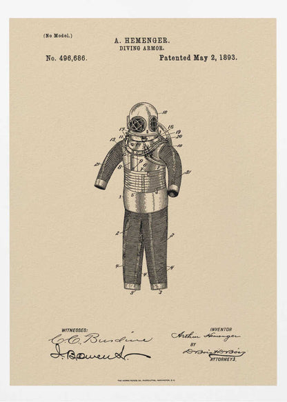 A framed vintage patent illustration for 'DIVING ARMOR' by A. Hemenger, dated May 2, 1893. The detailed black ink drawing of an old-fashioned diving suit is centered on beige, parchment-style paper, with official text and signatures below. Print