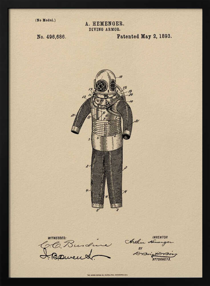 A framed vintage patent illustration for 'DIVING ARMOR' by A. Hemenger, dated May 2, 1893. The detailed black ink drawing of an old-fashioned diving suit is centered on beige, parchment-style paper, with official text and signatures below. Print