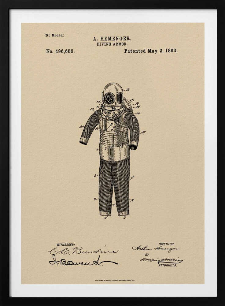 A framed vintage patent illustration for 'DIVING ARMOR' by A. Hemenger, dated May 2, 1893. The detailed black ink drawing of an old-fashioned diving suit is centered on beige, parchment-style paper, with official text and signatures below. Print
