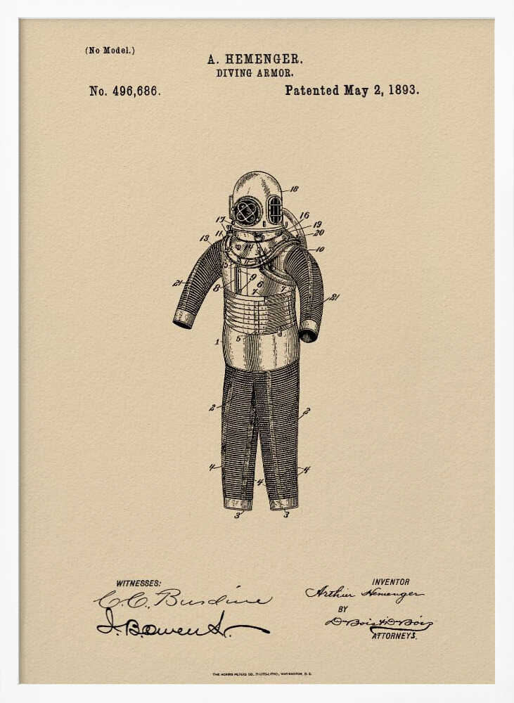 A framed vintage patent illustration for 'DIVING ARMOR' by A. Hemenger, dated May 2, 1893. The detailed black ink drawing of an old-fashioned diving suit is centered on beige, parchment-style paper, with official text and signatures below. Print