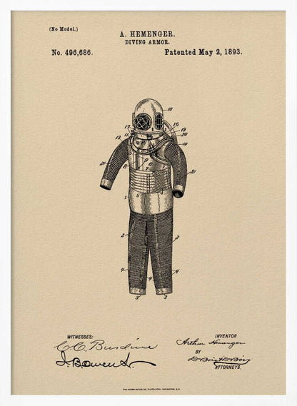 A framed vintage patent illustration for 'DIVING ARMOR' by A. Hemenger, dated May 2, 1893. The detailed black ink drawing of an old-fashioned diving suit is centered on beige, parchment-style paper, with official text and signatures below. Print