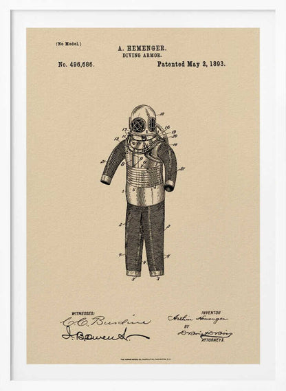 A framed vintage patent illustration for 'DIVING ARMOR' by A. Hemenger, dated May 2, 1893. The detailed black ink drawing of an old-fashioned diving suit is centered on beige, parchment-style paper, with official text and signatures below. Print