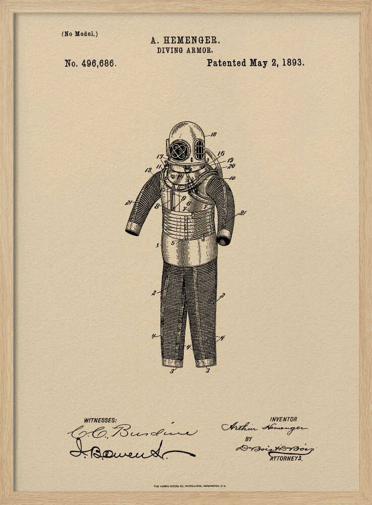 A framed vintage patent illustration for 'DIVING ARMOR' by A. Hemenger, dated May 2, 1893. The detailed black ink drawing of an old-fashioned diving suit is centered on beige, parchment-style paper, with official text and signatures below. Print