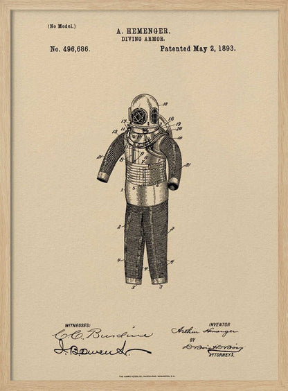 A framed vintage patent illustration for 'DIVING ARMOR' by A. Hemenger, dated May 2, 1893. The detailed black ink drawing of an old-fashioned diving suit is centered on beige, parchment-style paper, with official text and signatures below. Print