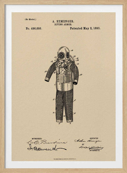 A framed vintage patent illustration for 'DIVING ARMOR' by A. Hemenger, dated May 2, 1893. The detailed black ink drawing of an old-fashioned diving suit is centered on beige, parchment-style paper, with official text and signatures below. Print
