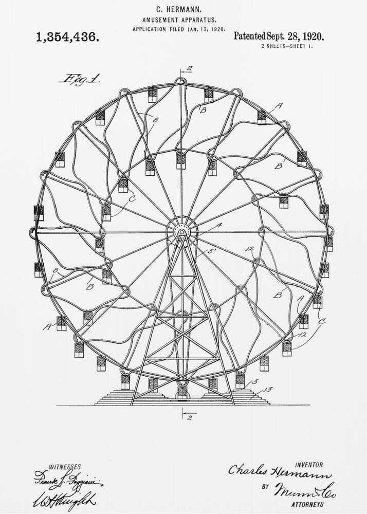 A framed black and white patent illustration for C. Hermann's 'Amusement Apparatus,' dated 1920. The drawing shows a detailed technical schematic of a Ferris wheel, complete with its structural support, spokes, and passenger cars. Text on the document includes the patent number, inventor's name, and witness signatures. Wall Art