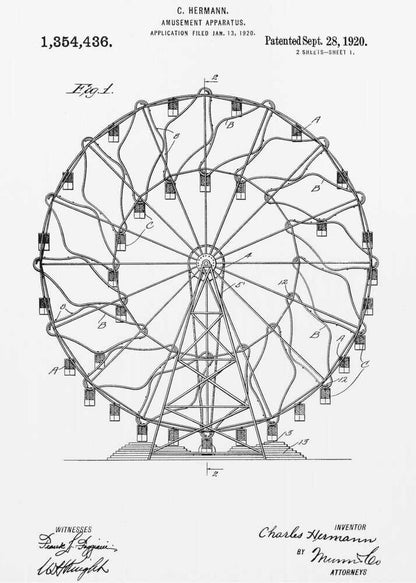 A framed black and white patent illustration for C. Hermann's 'Amusement Apparatus,' dated 1920. The drawing shows a detailed technical schematic of a Ferris wheel, complete with its structural support, spokes, and passenger cars. Text on the document includes the patent number, inventor's name, and witness signatures. Wall Art