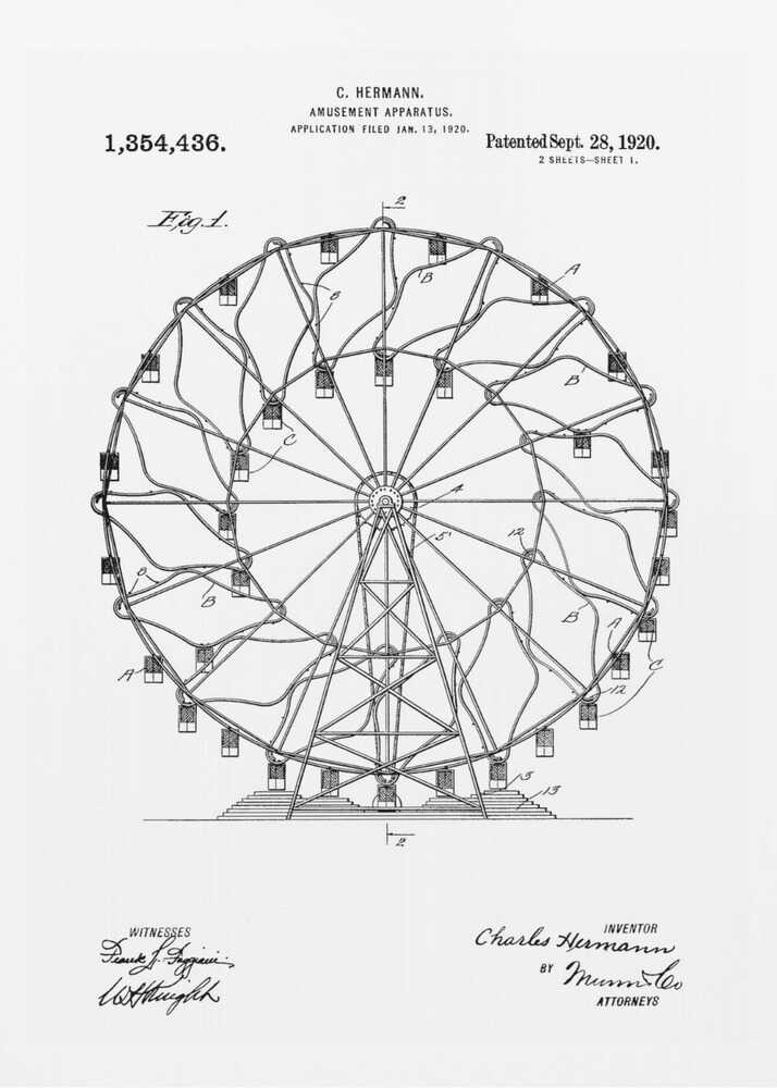 A framed black and white patent illustration for C. Hermann's 'Amusement Apparatus,' dated 1920. The drawing shows a detailed technical schematic of a Ferris wheel, complete with its structural support, spokes, and passenger cars. Text on the document includes the patent number, inventor's name, and witness signatures. Wall Art