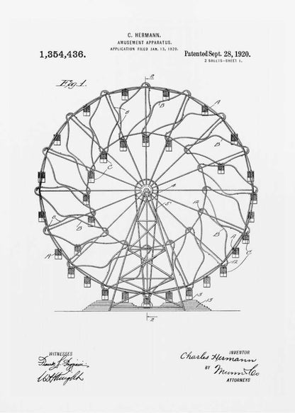 A framed black and white patent illustration for C. Hermann's 'Amusement Apparatus,' dated 1920. The drawing shows a detailed technical schematic of a Ferris wheel, complete with its structural support, spokes, and passenger cars. Text on the document includes the patent number, inventor's name, and witness signatures. Wall Art