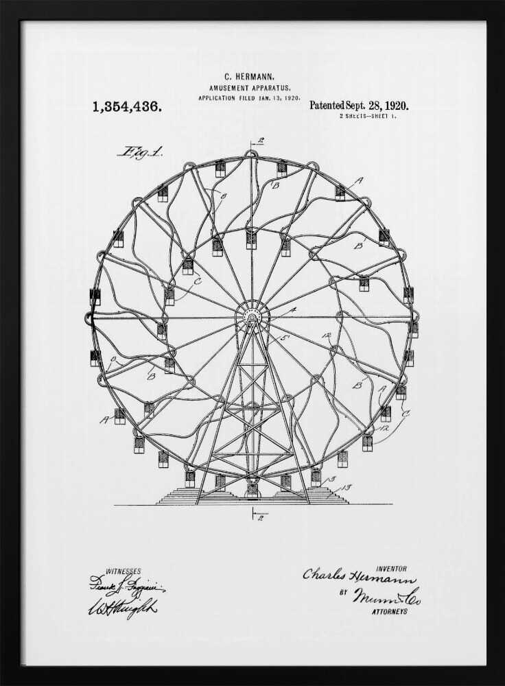 A framed black and white patent illustration for C. Hermann's 'Amusement Apparatus,' dated 1920. The drawing shows a detailed technical schematic of a Ferris wheel, complete with its structural support, spokes, and passenger cars. Text on the document includes the patent number, inventor's name, and witness signatures. Wall Art