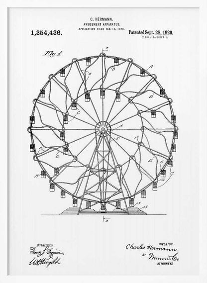 A framed black and white patent illustration for C. Hermann's 'Amusement Apparatus,' dated 1920. The drawing shows a detailed technical schematic of a Ferris wheel, complete with its structural support, spokes, and passenger cars. Text on the document includes the patent number, inventor's name, and witness signatures. Wall Art