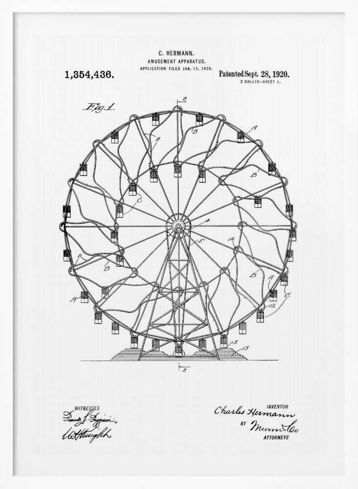 A framed black and white patent illustration for C. Hermann's 'Amusement Apparatus,' dated 1920. The drawing shows a detailed technical schematic of a Ferris wheel, complete with its structural support, spokes, and passenger cars. Text on the document includes the patent number, inventor's name, and witness signatures. Wall Art