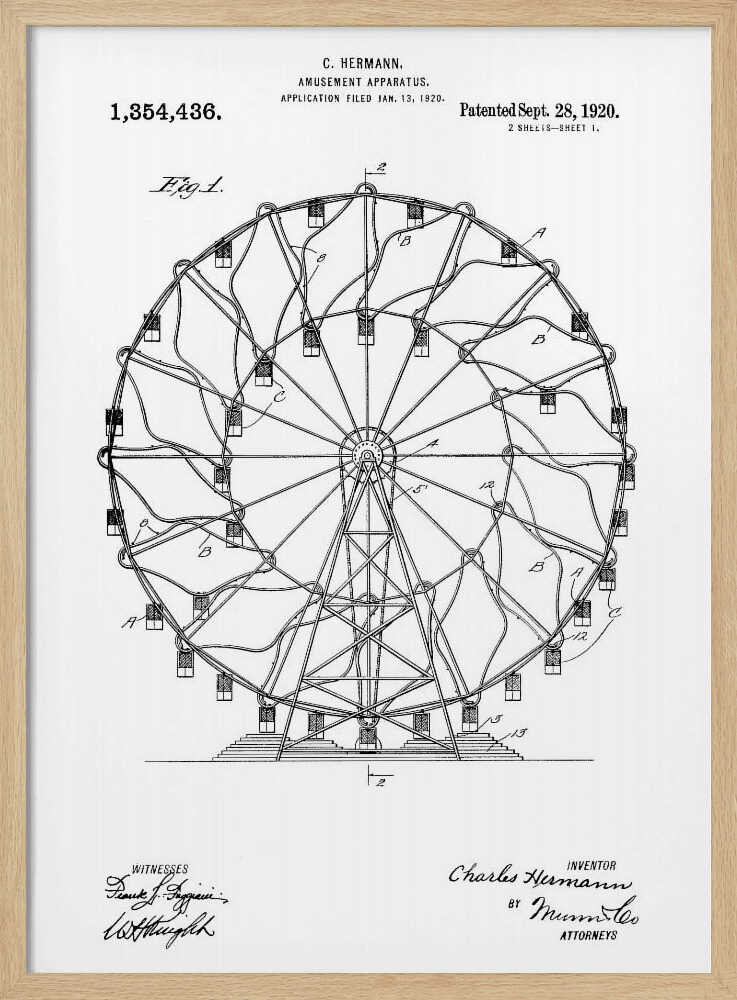 A framed black and white patent illustration for C. Hermann's 'Amusement Apparatus,' dated 1920. The drawing shows a detailed technical schematic of a Ferris wheel, complete with its structural support, spokes, and passenger cars. Text on the document includes the patent number, inventor's name, and witness signatures. Wall Art