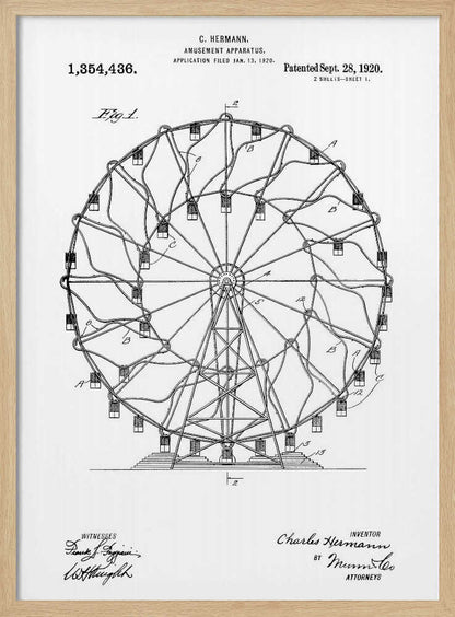 A framed black and white patent illustration for C. Hermann's 'Amusement Apparatus,' dated 1920. The drawing shows a detailed technical schematic of a Ferris wheel, complete with its structural support, spokes, and passenger cars. Text on the document includes the patent number, inventor's name, and witness signatures. Wall Art