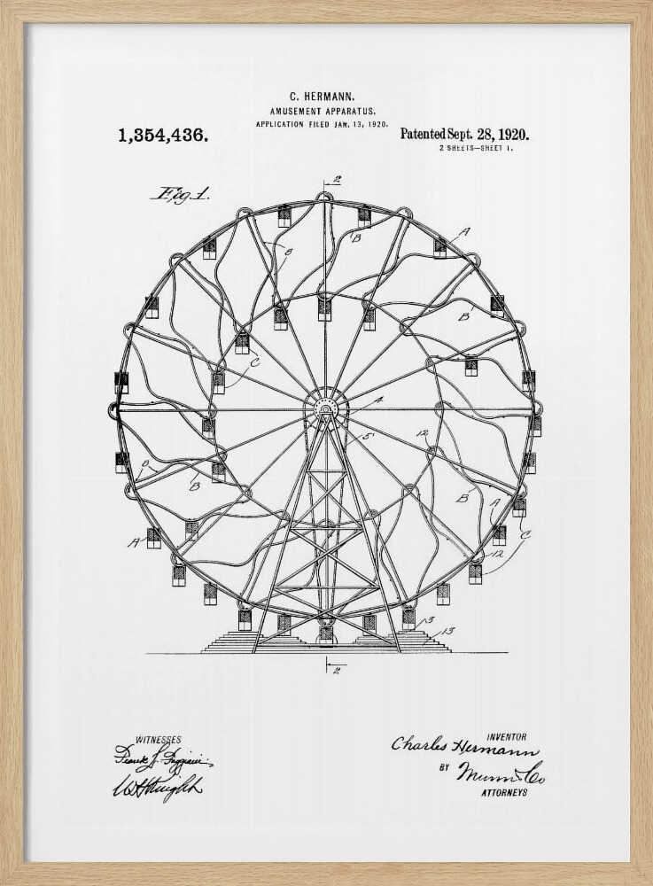 A framed black and white patent illustration for C. Hermann's 'Amusement Apparatus,' dated 1920. The drawing shows a detailed technical schematic of a Ferris wheel, complete with its structural support, spokes, and passenger cars. Text on the document includes the patent number, inventor's name, and witness signatures. Wall Art