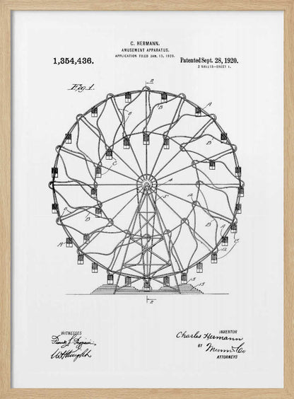 A framed black and white patent illustration for C. Hermann's 'Amusement Apparatus,' dated 1920. The drawing shows a detailed technical schematic of a Ferris wheel, complete with its structural support, spokes, and passenger cars. Text on the document includes the patent number, inventor's name, and witness signatures. Wall Art