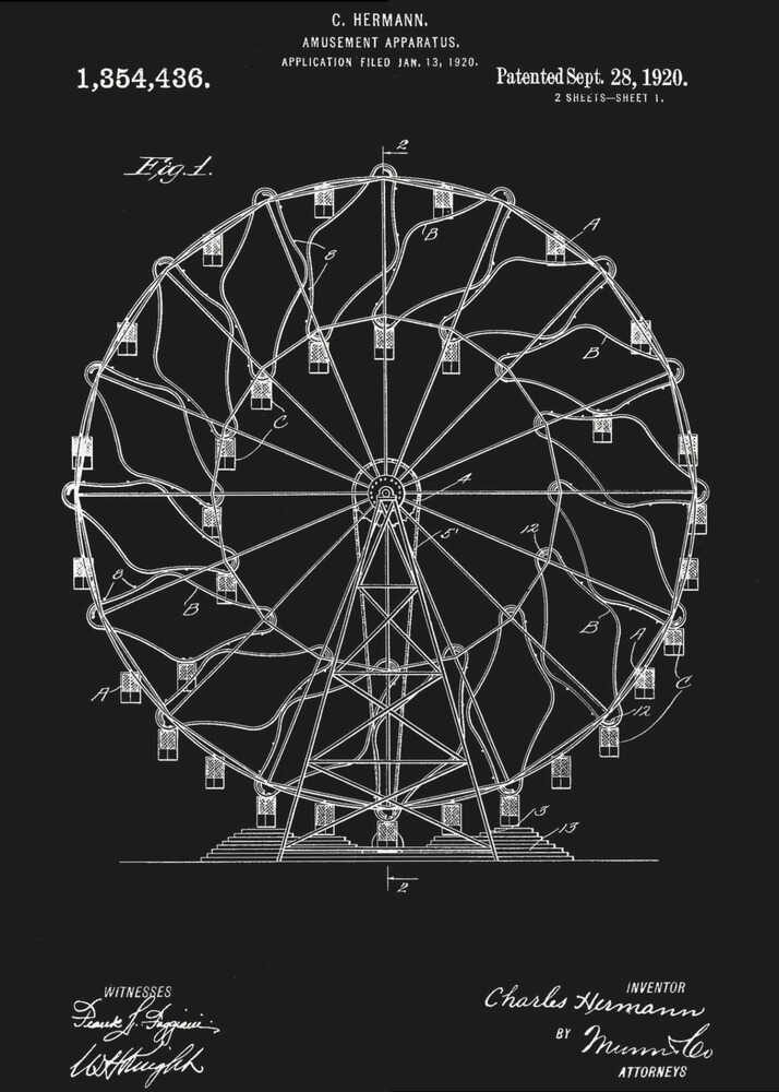 A framed patent illustration of a Ferris wheel from 1920, presented in a blueprint style with white lines and text on a black background. The technical drawing details the structure of the amusement apparatus and includes the inventor's name, patent number, and date. Decor