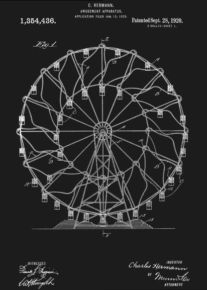 A framed patent illustration of a Ferris wheel from 1920, presented in a blueprint style with white lines and text on a black background. The technical drawing details the structure of the amusement apparatus and includes the inventor's name, patent number, and date. Decor