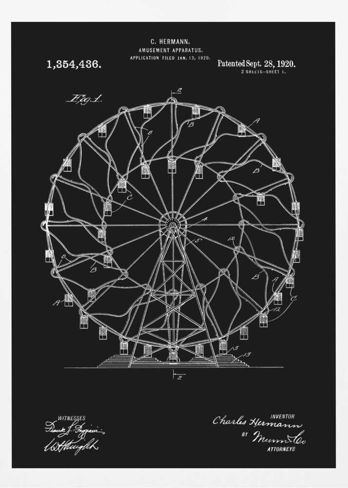 A framed patent illustration of a Ferris wheel from 1920, presented in a blueprint style with white lines and text on a black background. The technical drawing details the structure of the amusement apparatus and includes the inventor's name, patent number, and date. Decor