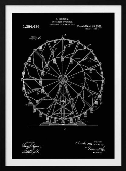 A framed patent illustration of a Ferris wheel from 1920, presented in a blueprint style with white lines and text on a black background. The technical drawing details the structure of the amusement apparatus and includes the inventor's name, patent number, and date. Decor