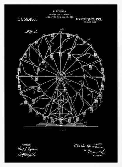A framed patent illustration of a Ferris wheel from 1920, presented in a blueprint style with white lines and text on a black background. The technical drawing details the structure of the amusement apparatus and includes the inventor's name, patent number, and date. Decor