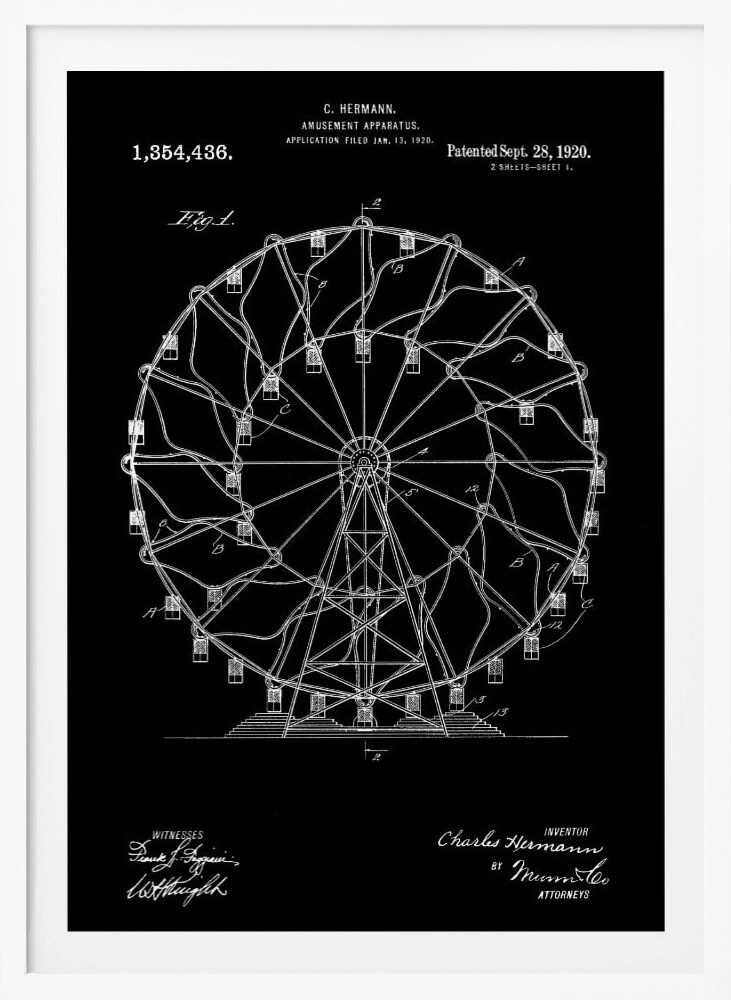 A framed patent illustration of a Ferris wheel from 1920, presented in a blueprint style with white lines and text on a black background. The technical drawing details the structure of the amusement apparatus and includes the inventor's name, patent number, and date. Decor
