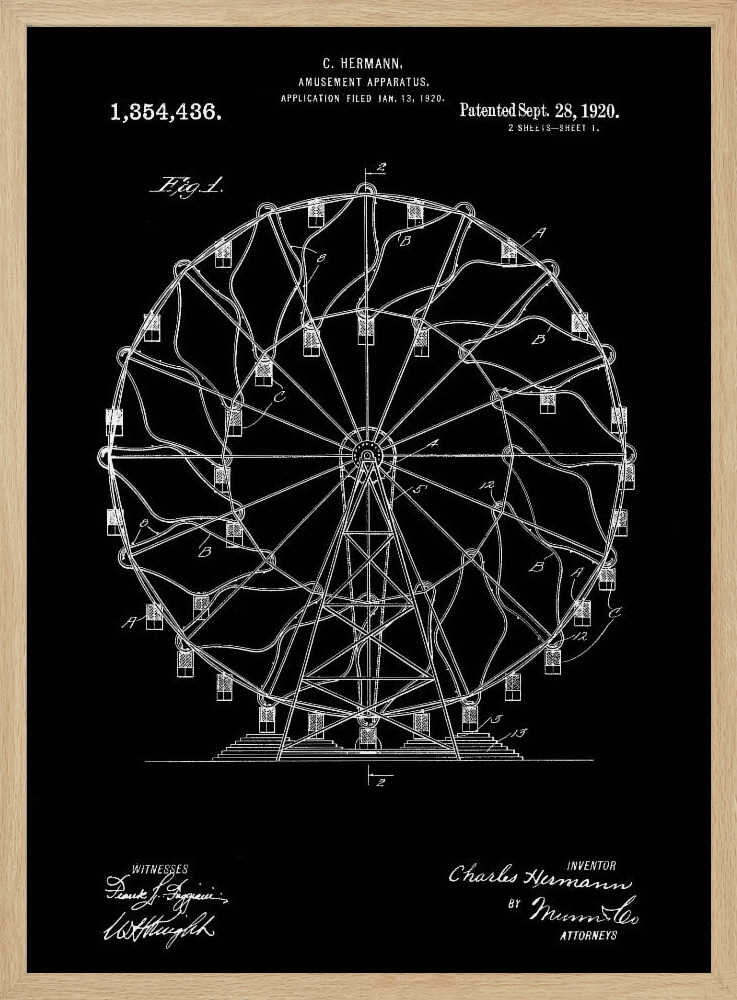 A framed patent illustration of a Ferris wheel from 1920, presented in a blueprint style with white lines and text on a black background. The technical drawing details the structure of the amusement apparatus and includes the inventor's name, patent number, and date. Decor