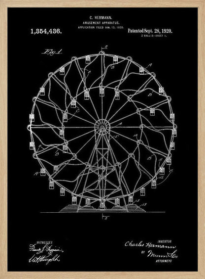 A framed patent illustration of a Ferris wheel from 1920, presented in a blueprint style with white lines and text on a black background. The technical drawing details the structure of the amusement apparatus and includes the inventor's name, patent number, and date. Decor